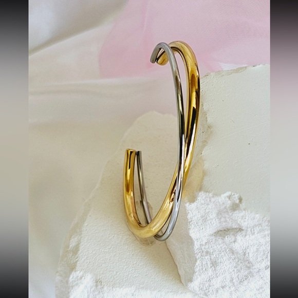 Silver & Gold Two Tone Twisted Open Wrap Cuff Bracelet - Picture 4 of 9